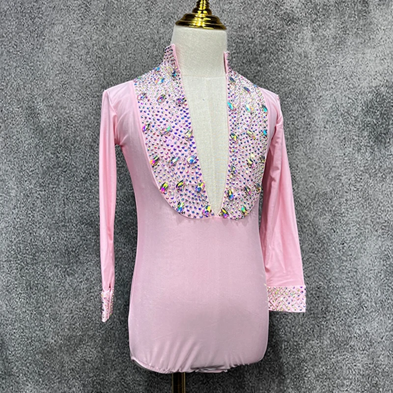 Kids Latin Dance Clothes Boys Rhinestone V Neck Pink Bodysuit Cha Cha Rumba Ballroom Dance Competition Tops Long Sleeves NV21007