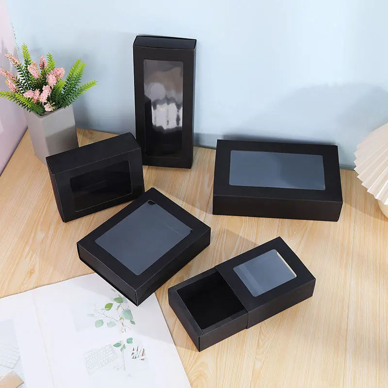 100Pcs/Lot Black Cardboard Boxes Drawer Slide Packaging Box With PVC Clear Window DIY Gift Box Wholesale