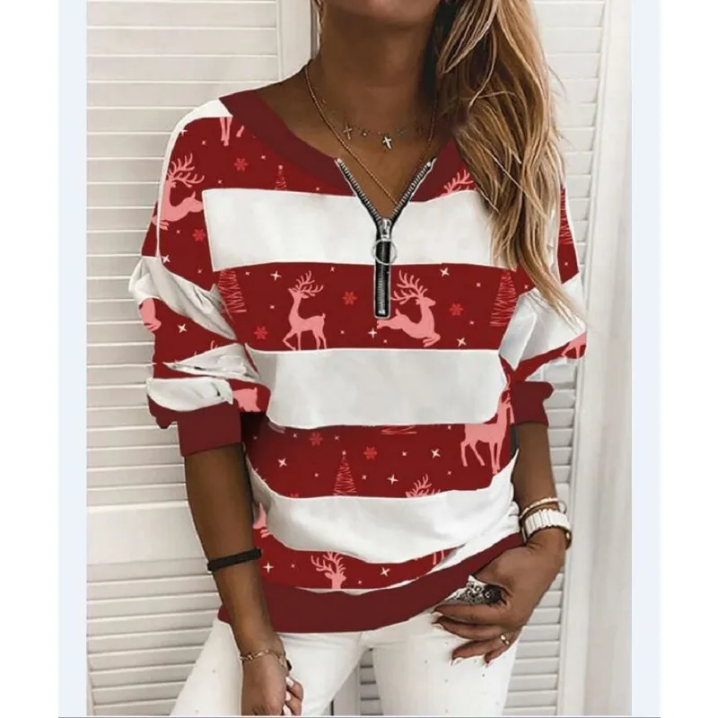 เสื้อสเวตเชิ้ตแขนยาวพิมพ์ลายคริสต์มาสคอวีมีซิปแฟชั่นสำหรับผู้หญิง