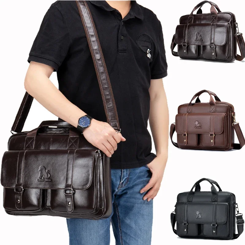 Genuine Leather Men's Briefcase with Double Front Pockets Large Capacity Computer Bag Diagonal Cross Handbag Laptop Briefcase