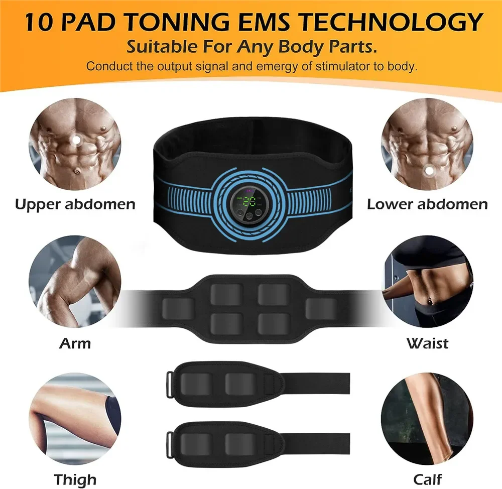 EMS Muscle Massager Waist Belts Fitness Equipment Abdominal Toner Wireless Abdominal Muscle Training（1 Abd / 2Leg / 2Arm Belts）