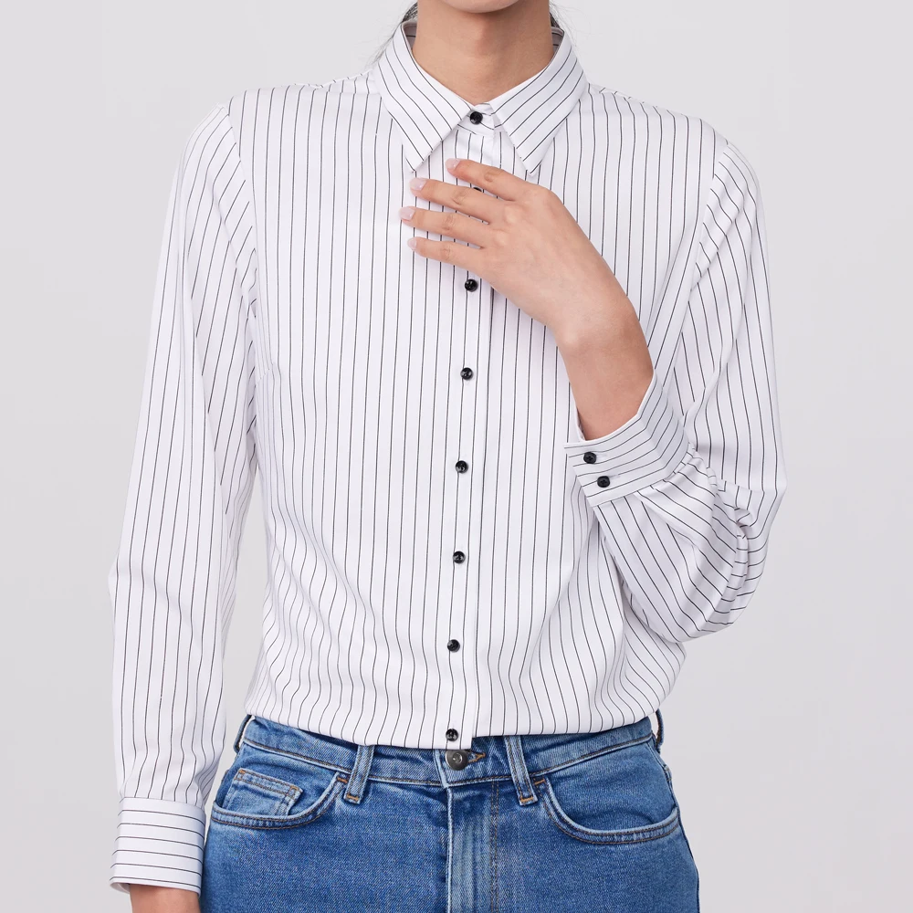 Women's Non-iron Office Lady Long Sleeve Striped Shirt Without Pocket Slight Strech Slim-fit Versatile Easy Care Dress Shirts