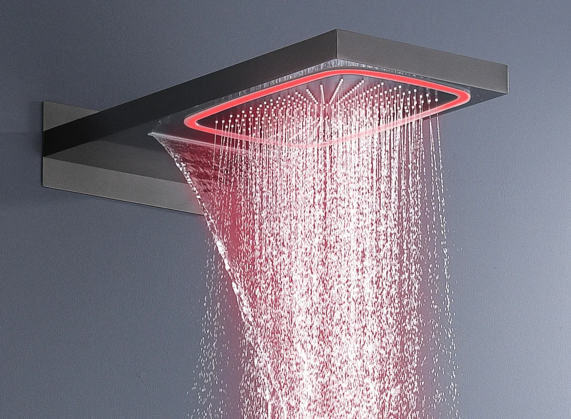 النحاس 4 وظيفة درجة حرارة ثابتة زر دش مخفي مجموعة LED مربع شلال المطر دش أعلى رذاذ