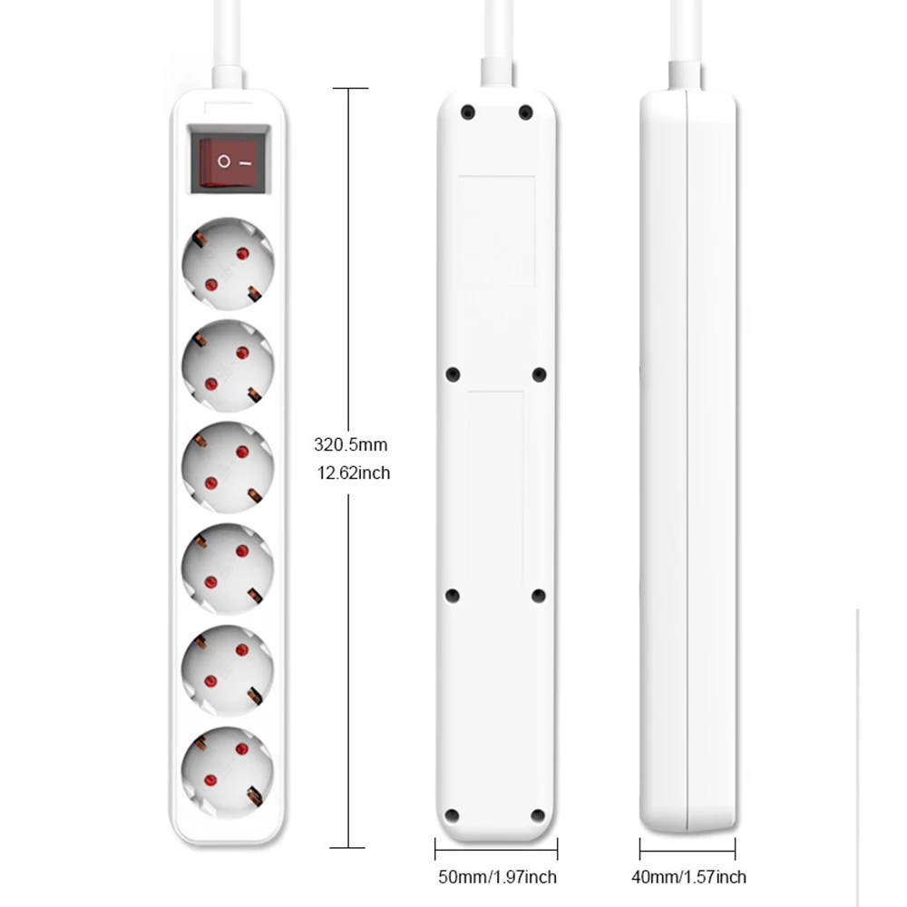 Melery Power Strip Surge Protector 3/4/5/6 AC EU Electrical Plug Outlet Socket Lead Extension Adapter Extenstion Cord Cable 1.5m