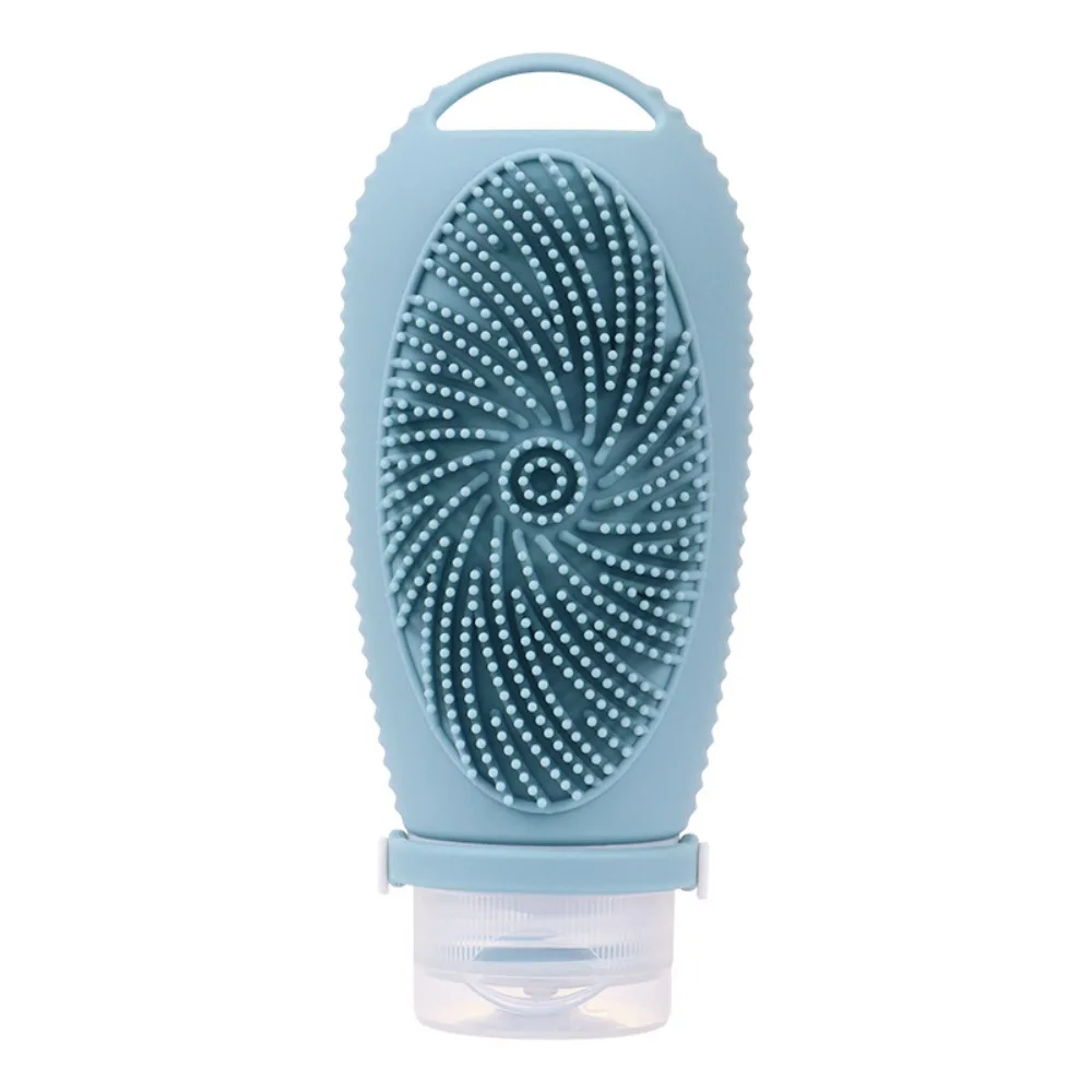 Brosse de douche portable 2-en-1 avec bouteille de 100 ml – Flacons de voyage rechargeables anti-fuite en silicone compressible pour articles de toilette