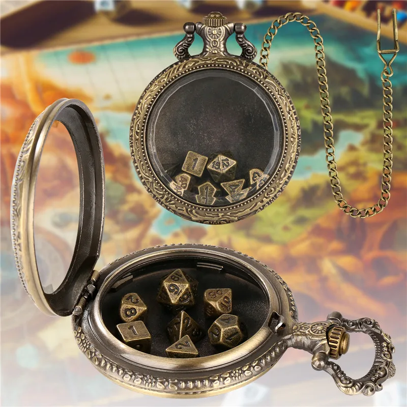 

Steampunk 7Pcs/set Metal Polyhedral Dices Role Play Gaming Dice with Transparent Pocket Watch Case Pendant Chain Gaming Gift