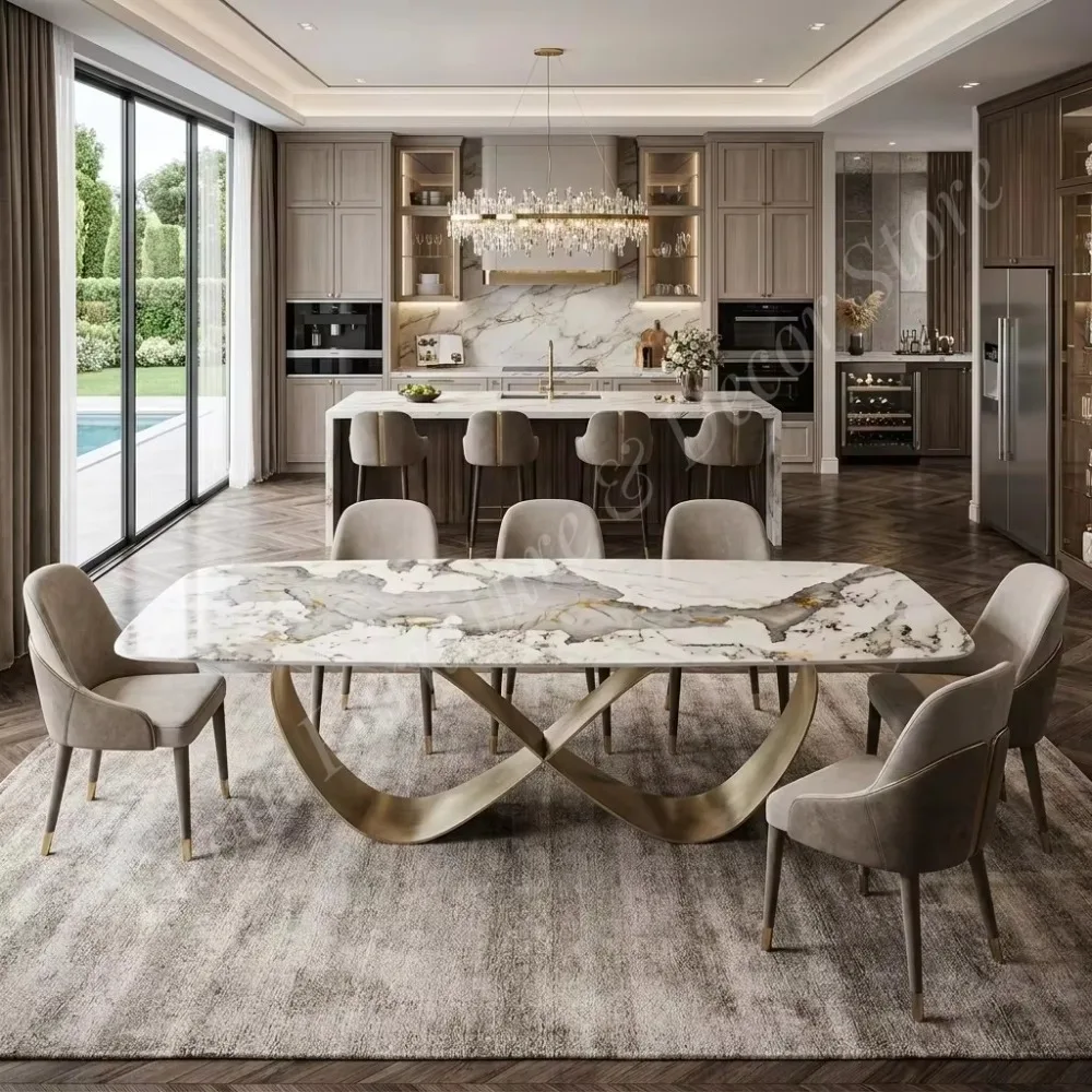 Luxury Natural Stone Marble Dining Table, Rectangular Kitchen Table with Gold Stainless Steel Legs for Villa Hotel Restaurant