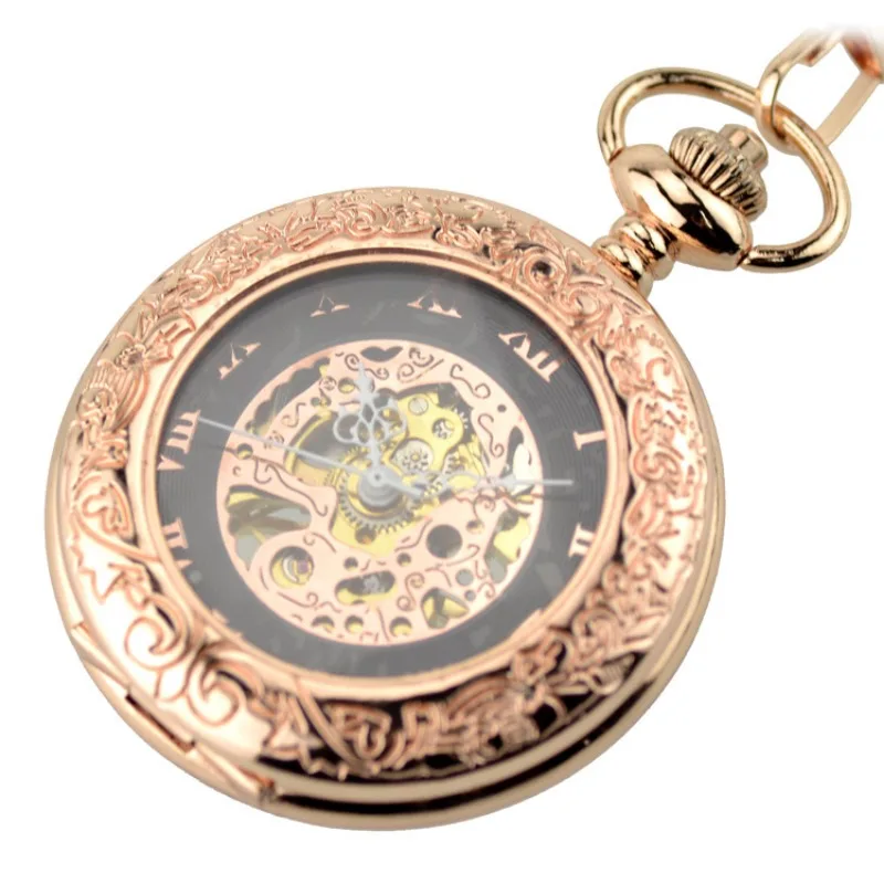 New Rose Gold Magnifying Glass Mechanical Pocket Watch Retro Flip Hollow Pocket Watch for Men and Women