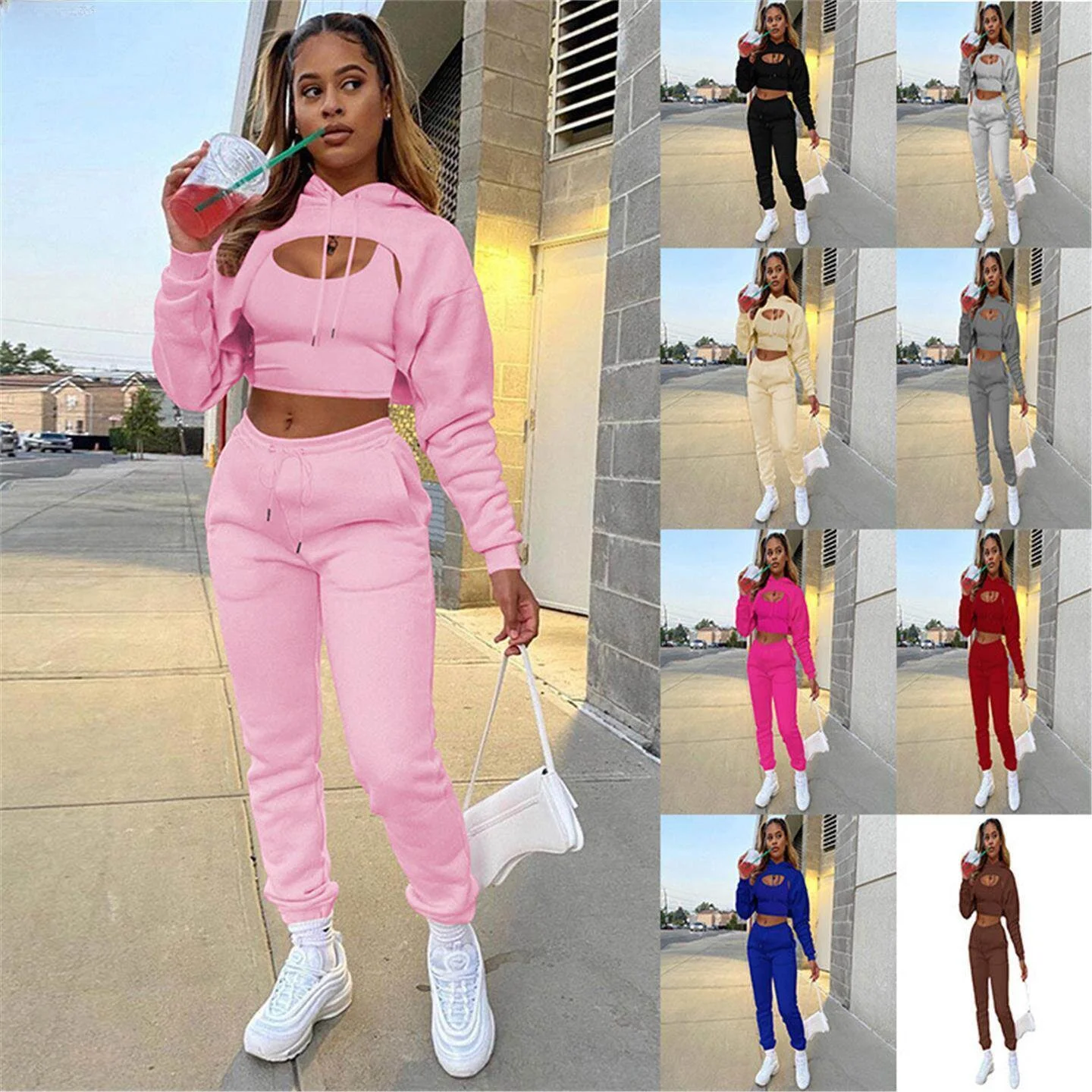 

Fashionable Fleece Lined Hooded Drawstring Women's Sweatshirt Long Sleeve Trousers Vest Three Piece Set Casual Winter Outfit