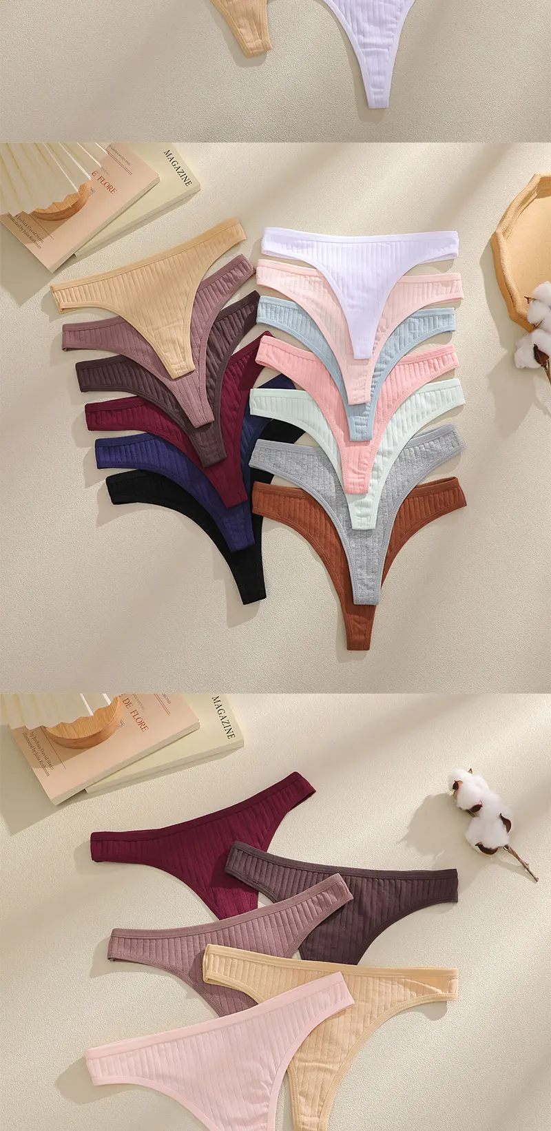 FINETOO 6er-Set Damen gerippte Baumwoll-Tangas, niedrige Taille, atmungsaktive G-String-Unterwäsche, sexy T-Back-Dessous für Frauen – Detail 2