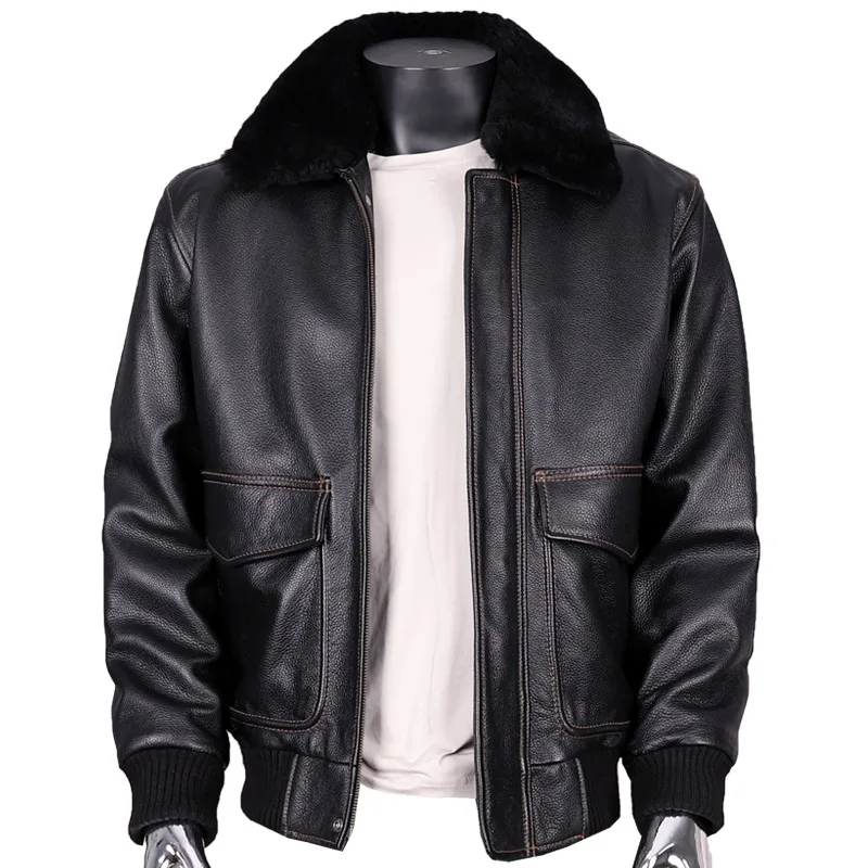 

2024 New Arrive Autumn Winter Men's First Layer Cowhide Leather Male Short Warm Slim Air Force Pilot Jackets With Full Collar