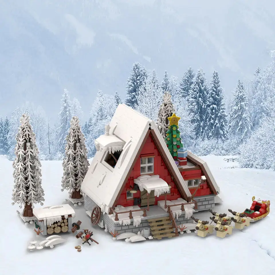 NIEUW 2025 Kerststraatbeeld Huis Kerstman Cabine Model Bouwstenen Bakstenen Sneeuw Winter Bos Modulaire Architectuur Speelgoed Geschenken