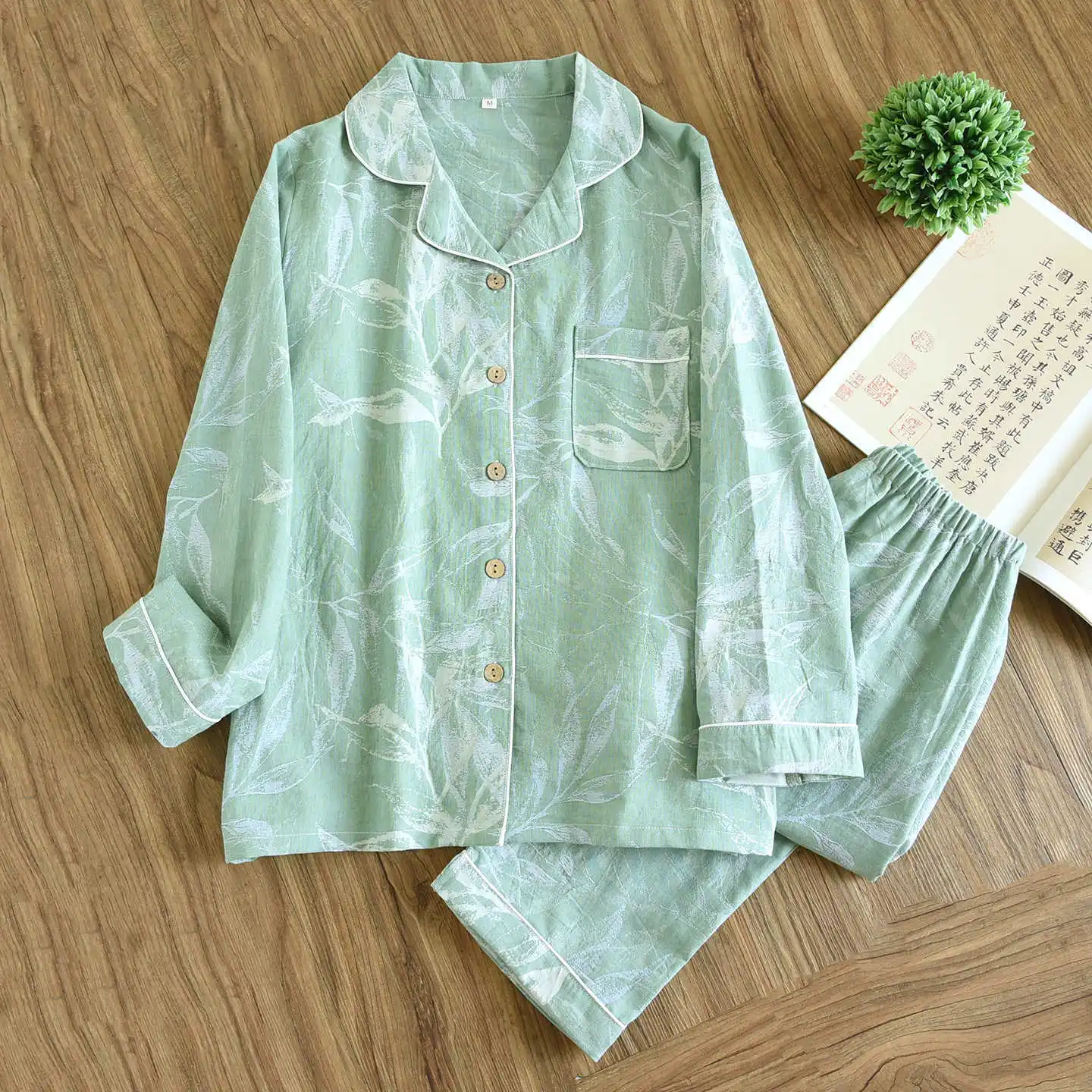 2026 Spring and Autumn Women\'s Pajama Set 100% Cotton Jacquard Long Sleeve Pants Two Piece Leaf Home Furnishing Pajama Set