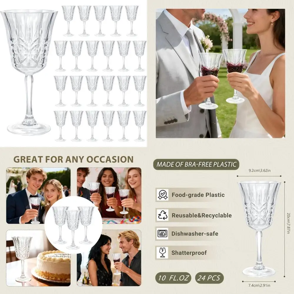 

Unbreakable 10oz Stemmed Wine Glasses Set of 24 - Clear Vintage Reusable BPA-Free Drinking Glasses for Party Events