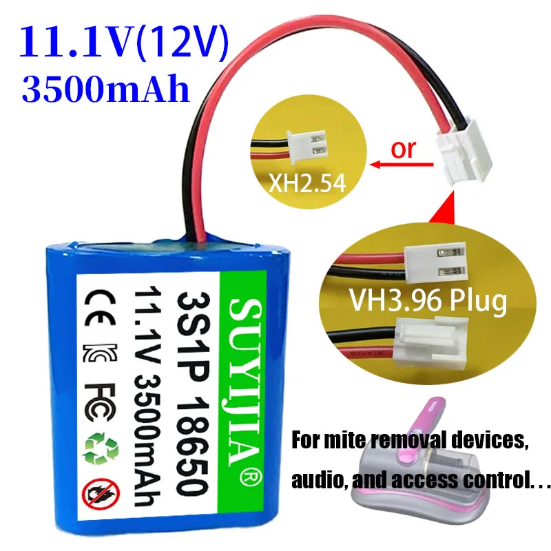 11.1V 18650 Lithium Ion Battery Pack 3S1P 12V 3500mAh Rechargeable Battery for Mite Remover CCTV Camera Audio Access Control