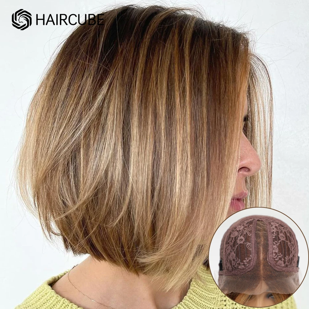 HAIRCUBE brązowe krótkie peruki z prostymi włosami dla kobiet 13*1 koronkowe peruki z ludzkimi włosami damskie środkowe rozstawione Ombre blond Bob peruka z włosów typu Remy