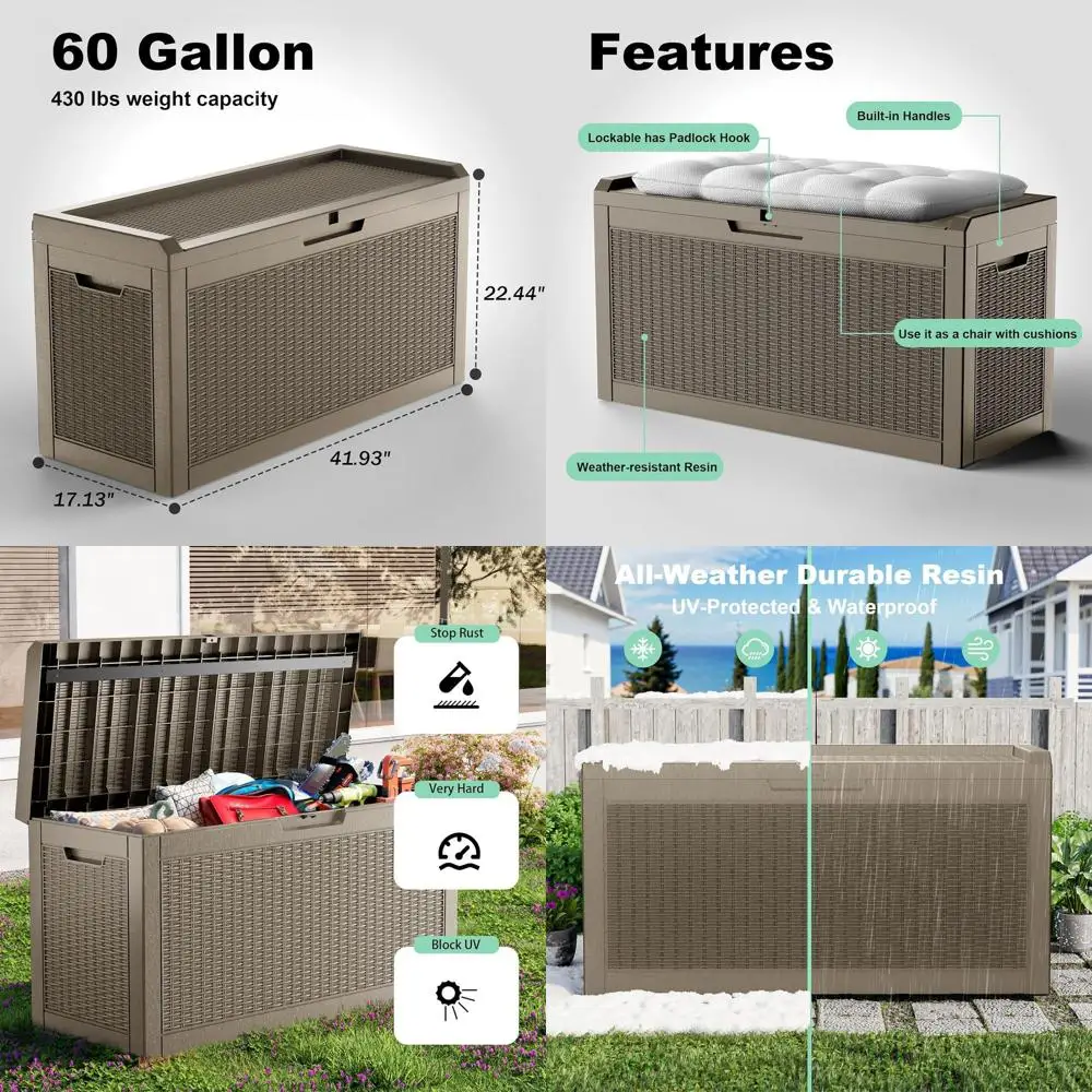 

60 Gallon Weatherproof Outdoor Storage Box with Lock, Suitable for Patio Cushions and Garden Tools