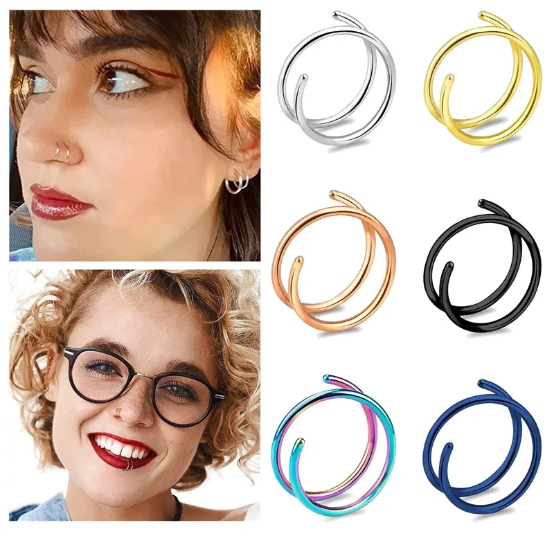 6 unidades/lote, 20G, aro para la nariz de acero inoxidable, acero quirúrgico, diseño en espiral, para piercing en cartílago y hélice, joyería, pendientes de doble aro.