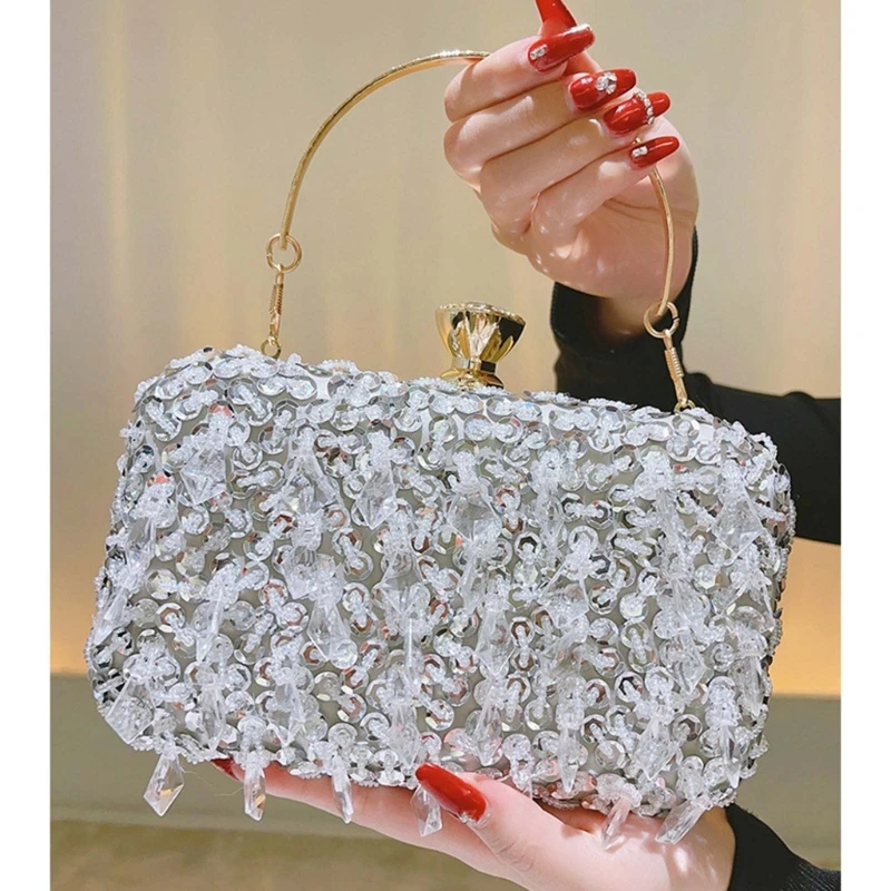 Luxurious Sequin Embellished Evening Bag Women Sparkling Beaded Box Clutch Purse Party Handbag with Chain Crossbody Shoulder Bag