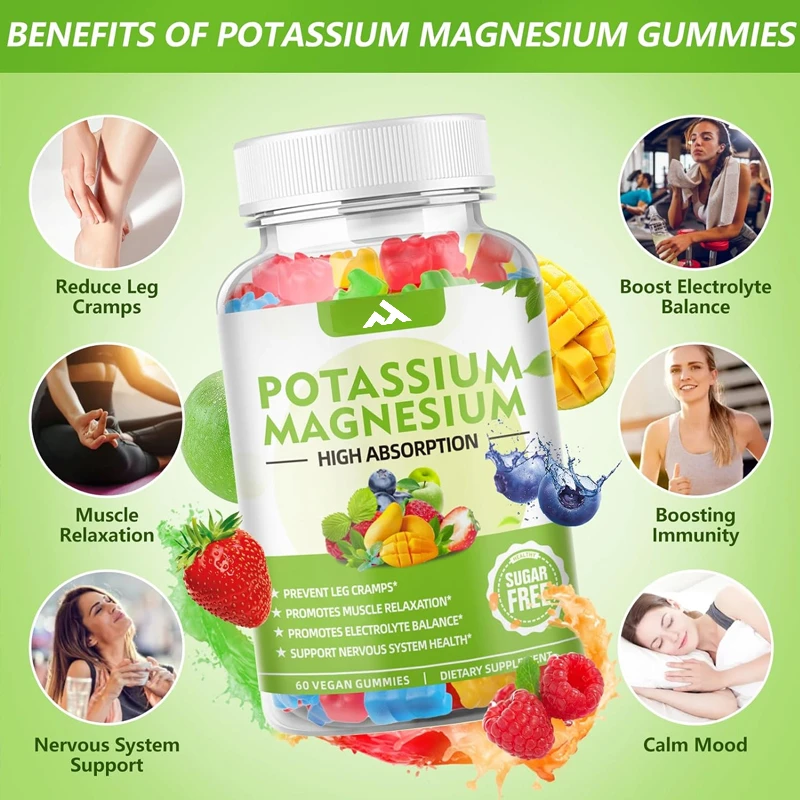 Adult and Children's Potassium Magnesium Supplement Gummies Support Leg Spasms and Muscle and Immune Health