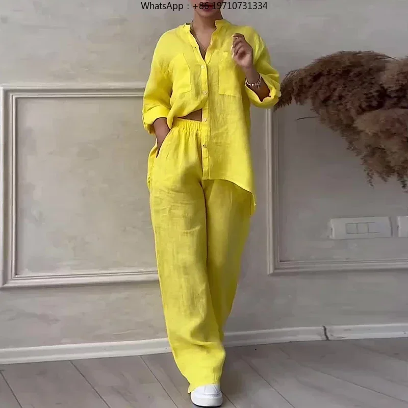 Women's Cotton Linen 2 Piece Set Stand Collar Button Top And Drawstring Pants Solid Color Summer Casual Outfit