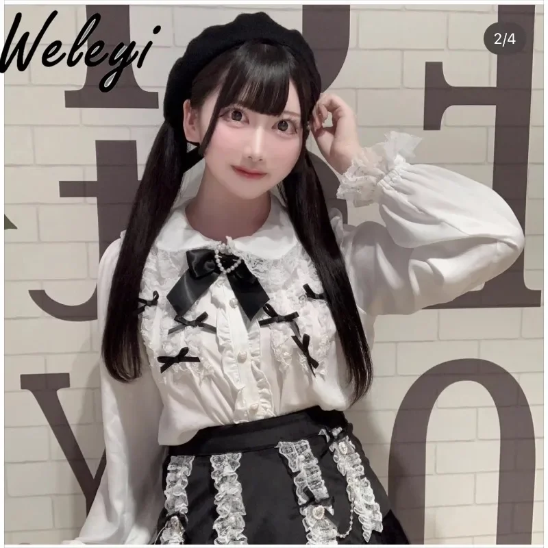 

Japanese Autumn Sweet Bow Shirts Camisas E Blusas Cute Bow Tie Doll Collar Long Sleeve Lace Shirt Women Clothes Kawaii Tops