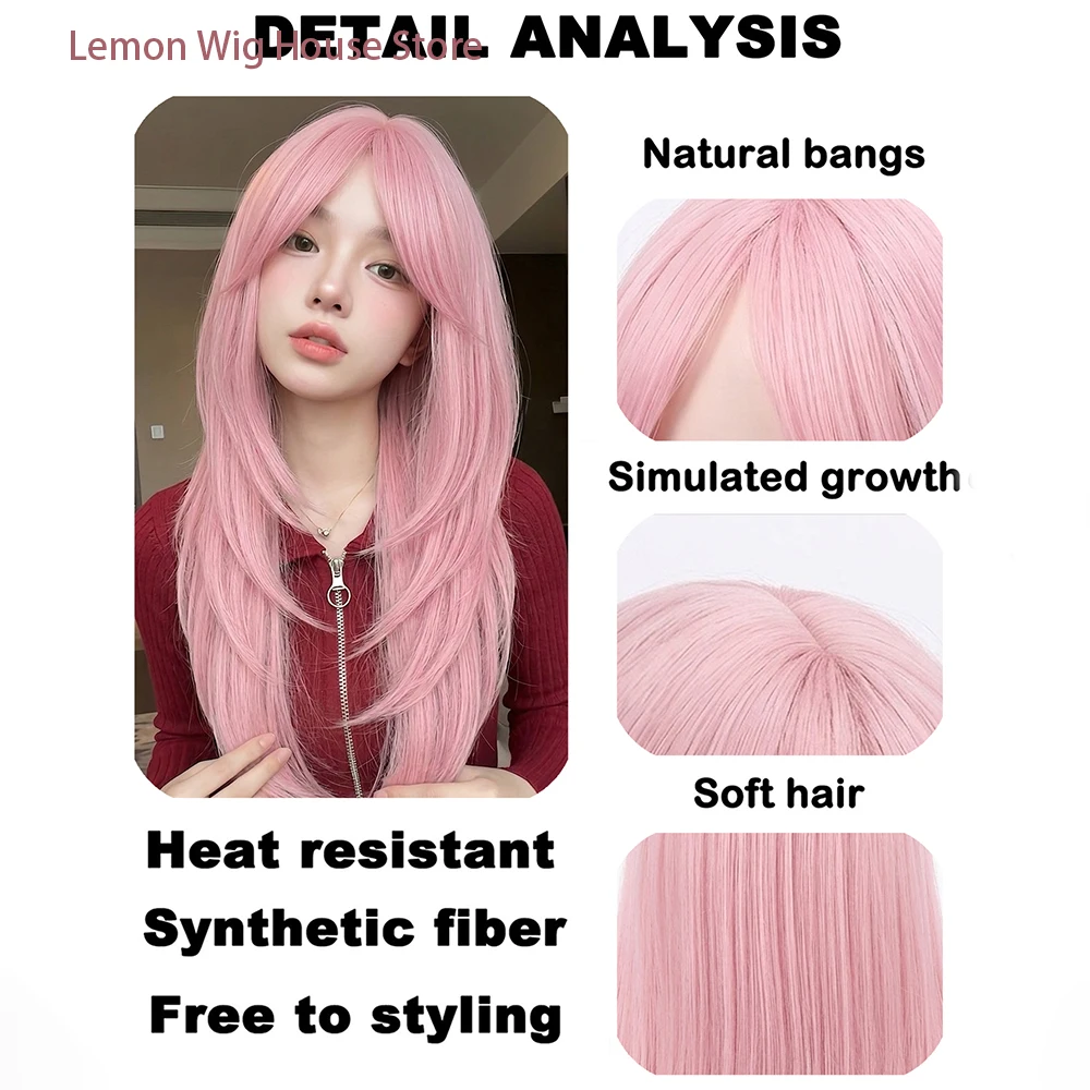 Picture 4: Pink Wig Lolita Long Straight Hair Natural Layered Wigs for Women Daily Cosplay Wig Halloween Heat Resistant Synthetic Hair 가발