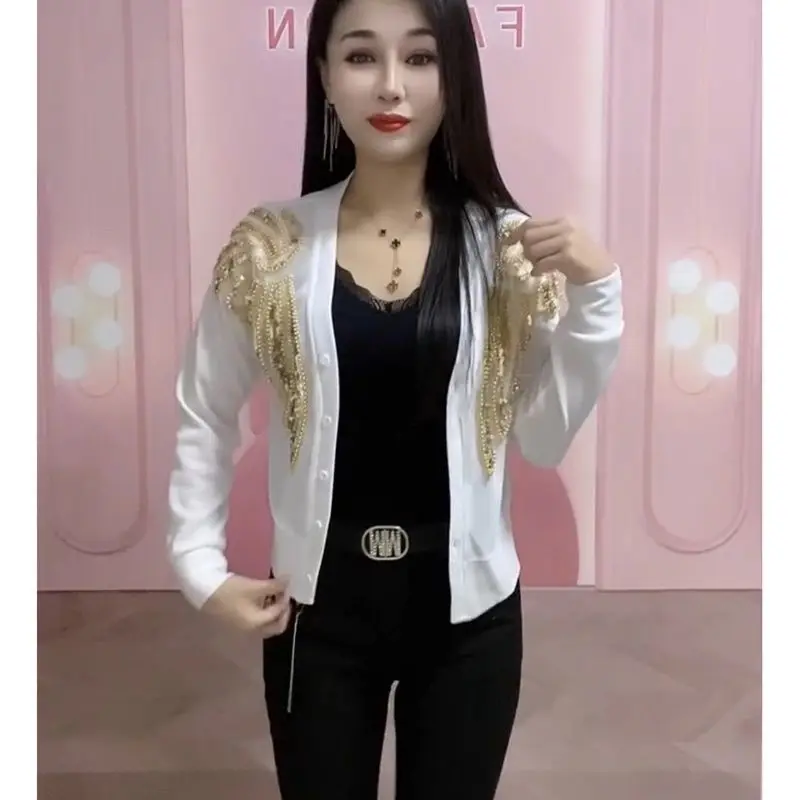 Women Fashion Spring Summer Autumn Coat Jacket 2026 New Heavy Industry Nail Beads Splicing Fake Two Long Sleeved Base Shirt Top