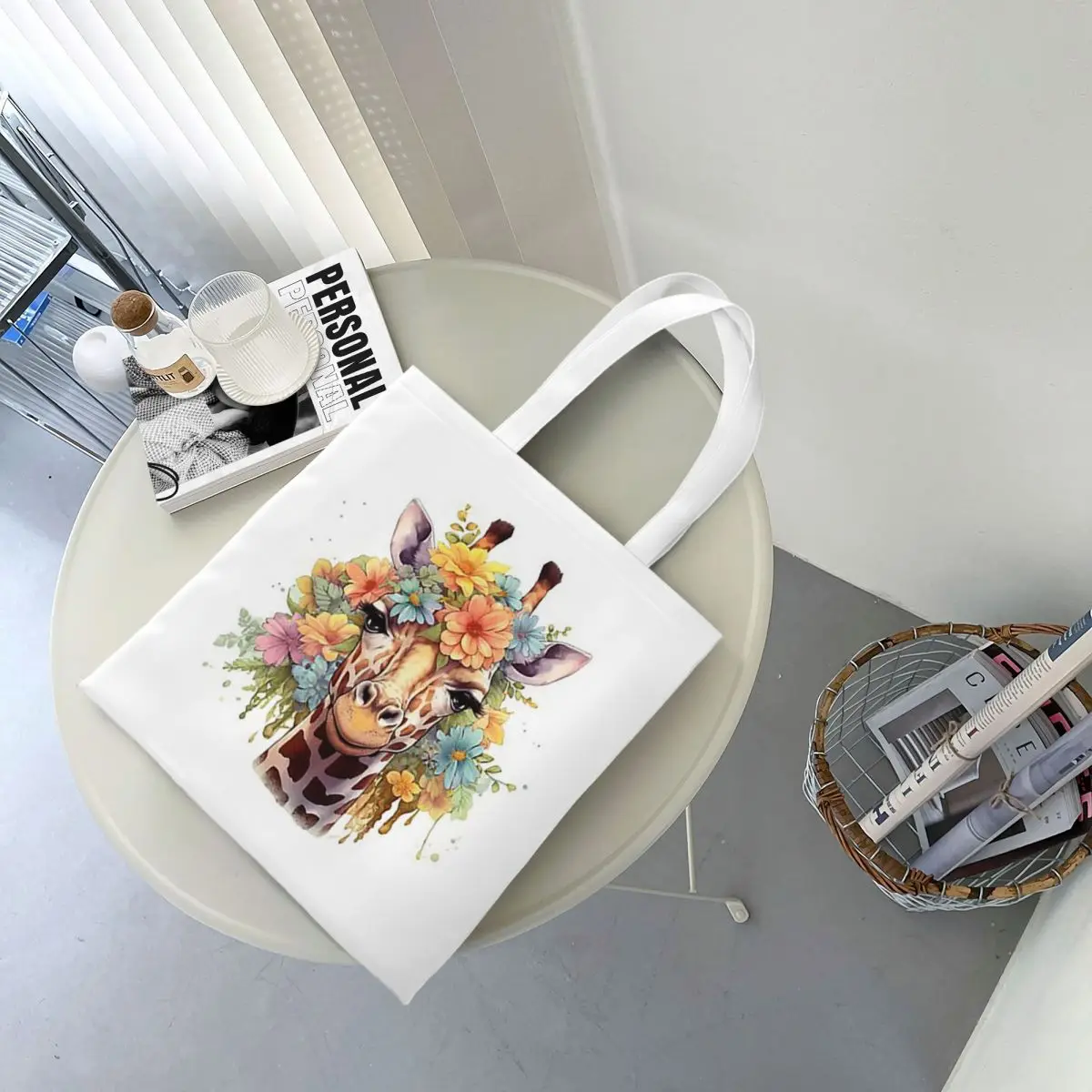 

Жираф с цветочным головным убором, сумки для покупок, парусиновая большая сумка, складная женская сумка через плечо, дорожная сумка