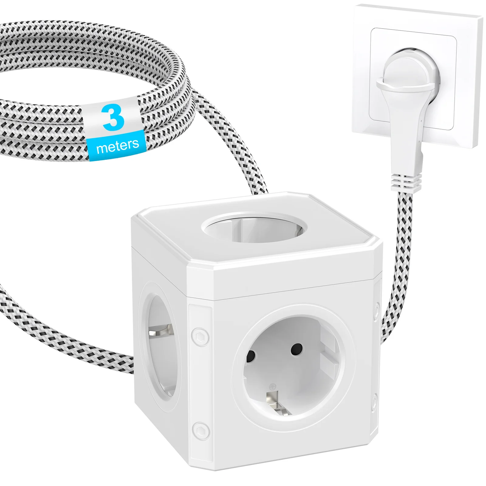 EU multi-plug power strip 5 AC power sockets 3m braided cord with pull tab flat plug adapter suitable for home office travel