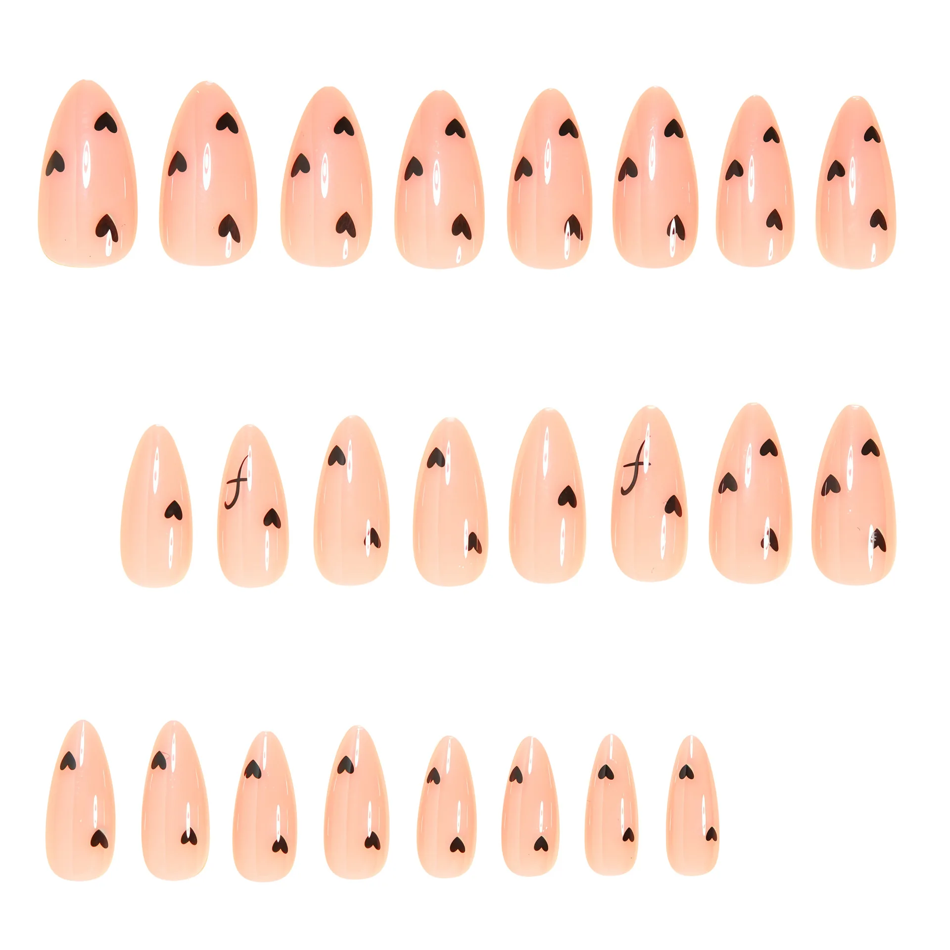 أظافر صناعية متوسطة اللوز باللون البيج مع تصميمات قلب وأحرف قلب وأسود وأحرف لعيد الحب اضغط على مجموعة فن الأظافر الزائفة