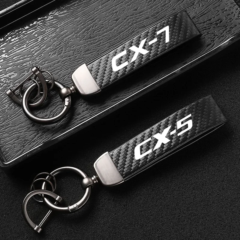 High-Grade Leather Carbon Fible Car KeyChain Rotating Horseshoe Key Rings For Mazda MS MX5 RX8 CX-3 CX-4 CX5 CX-7 CX-9