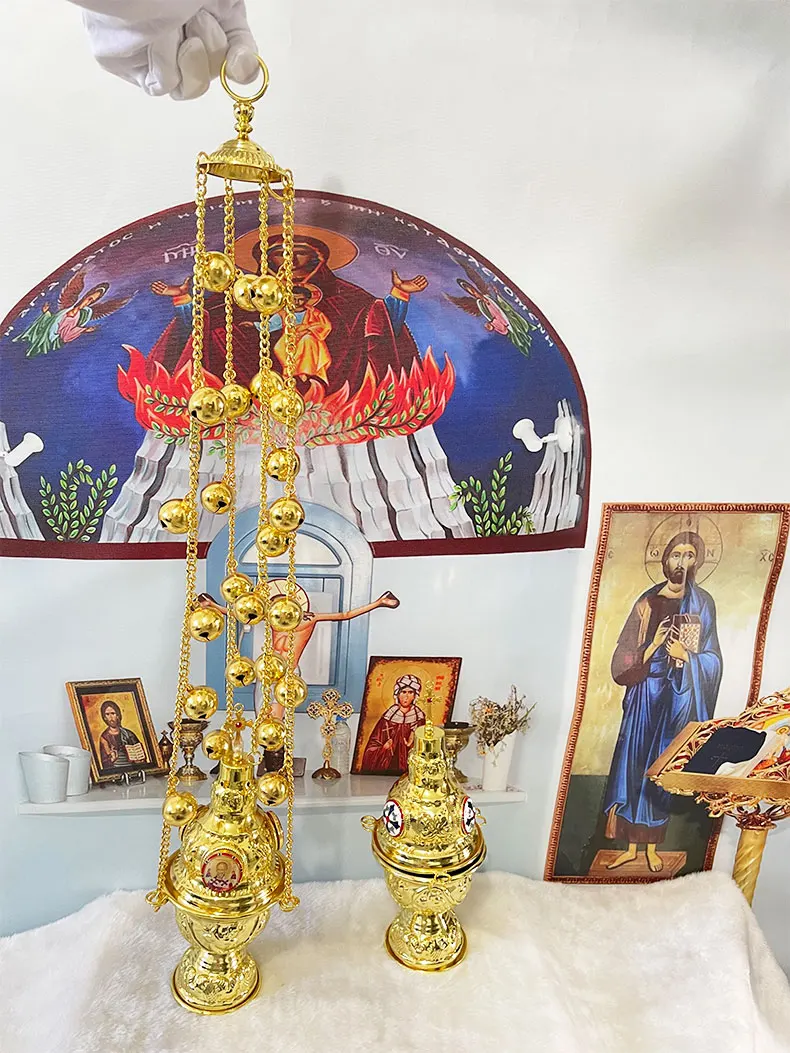 HTISOK Neuer Räucherbrenner Orthodoxe Kirche Messe Liturgisches Räuchergefäß Wandmontage 12 Glocken Vergoldung religiöse Rosenkränze – Detail 4