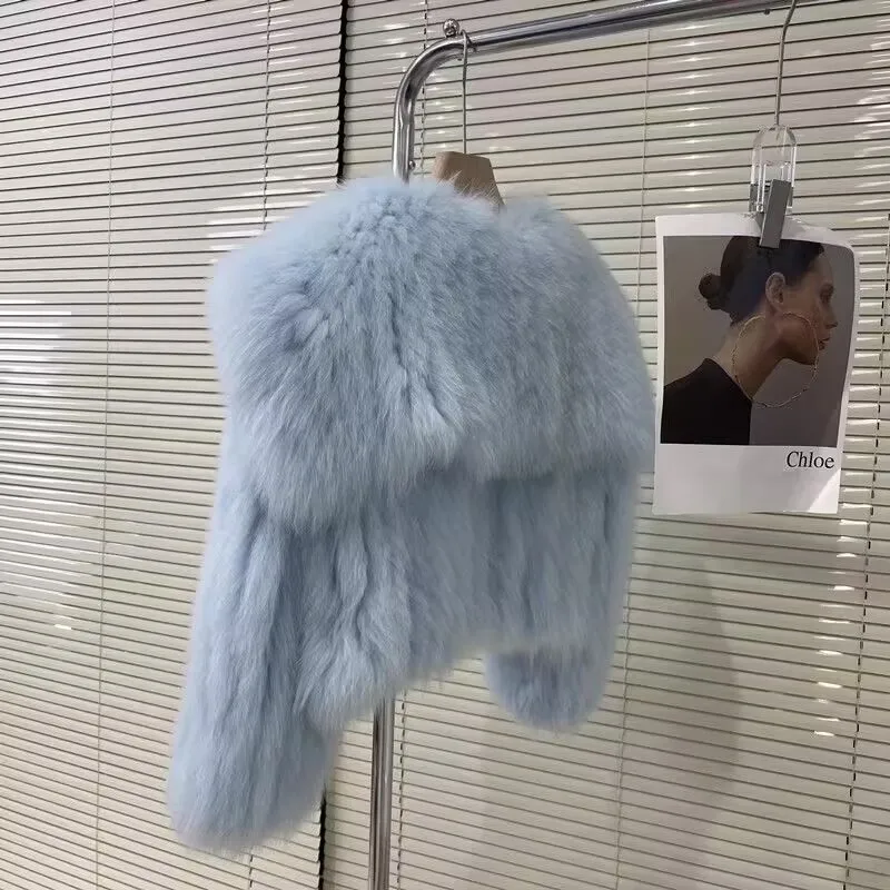 Abrigo de piel para mujer, top a rayas con cuello azul marino, tejido, ecológico, corto, invierno, nuevo, 2024