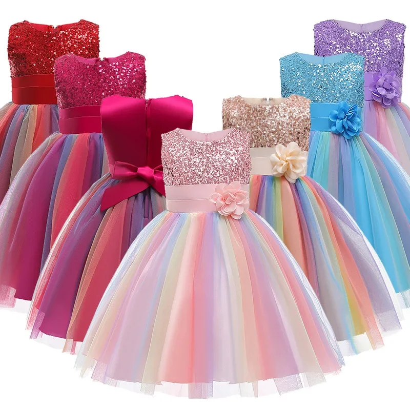 Robe de princesse à fleurs à paillettes pour filles, nœud à la mode, dentelle colorée, maille, carnaval, fête d'anniversaire, performance, 3-12 ans