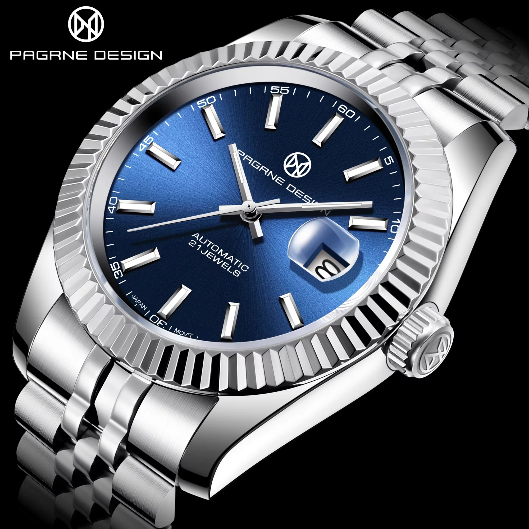 PAGRNE DESIGN Men's Automatic Mechanical Watch Stainless Steel 10Bar Waterproof Business Sports Style Wrist Watch Watch For Men