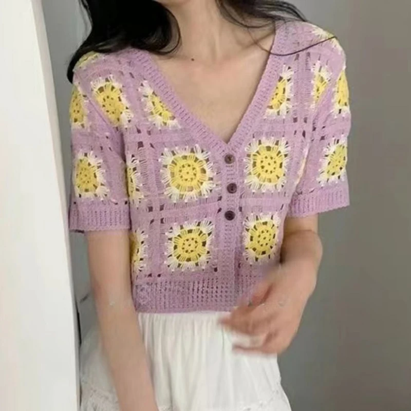 Sheer Crochet Knit Top Short Sleeve Open-knit Blouse Crop Top Cardigan for Women Teengirl Fairycore Vintage Granny Square Top