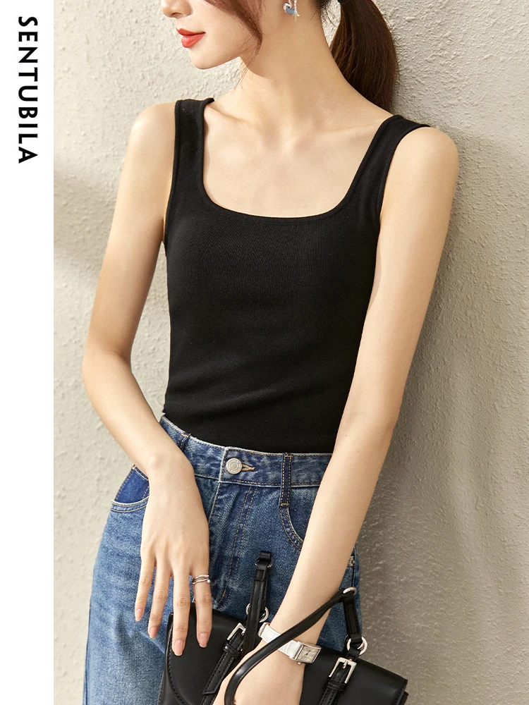 

SENTUBILA Black Summer Knitted Tops for Women 2024 Classic Elegant Camis Pullovers Sexy Basic Sleeveless Top Undershirt