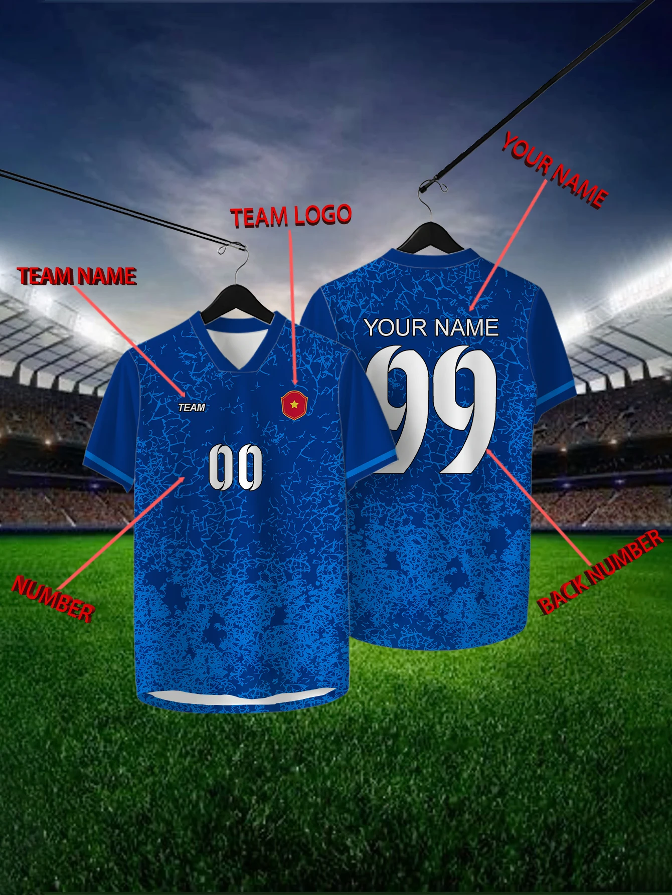 

Customized Geometric Blue Short Sleeved Shirt with Team Name, Emblem, Name and Number, Outdoor Sports Short Sleeved T-shirt