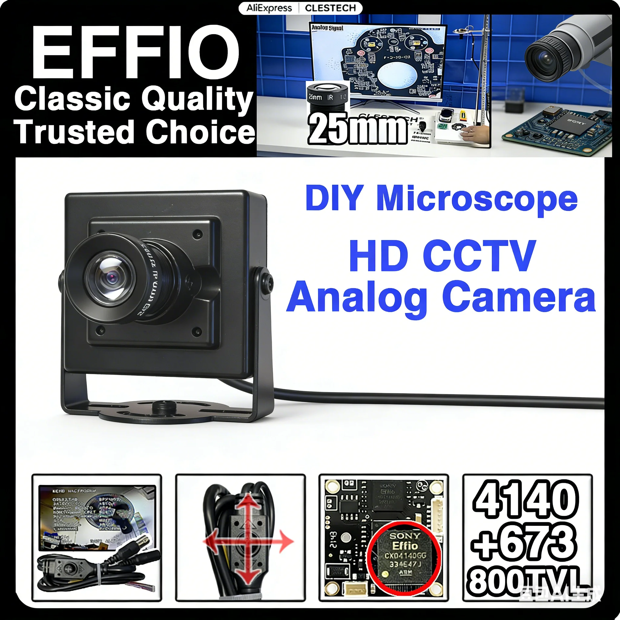 

800TVL HD Analog Mini Camera 35mm 25mm DIY Microscope Effio CCD 4140+673 OSD Menu Car/Industry Magnifier IC Welding Monitor