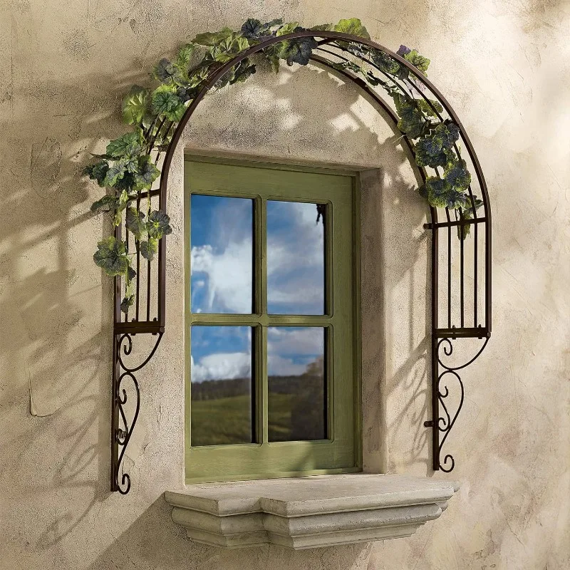 European wrought iron arch flower stand balcony window sill half moon clematis climbing vine frame window wall bracket garden