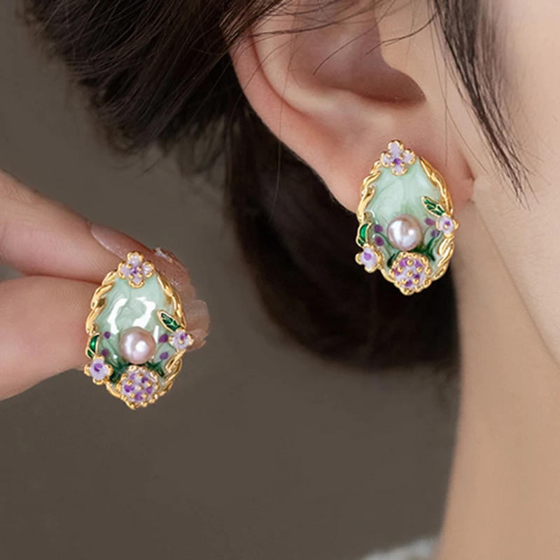 Фиолетовые садовые серьги-гвоздики с жемчугом для женщин, изысканные красочные эмалированные серьги с картиной маслом и цветком в стиле барокко, ретро ювелирные изделия, подарок