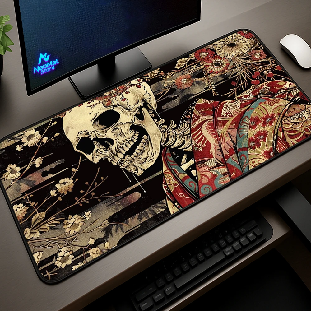 Gothic Japanese Desk Mat Gaming Office Blossom Red 90x40 XL Mousepad Cherry Skull Floral Traditional Art Accessories
