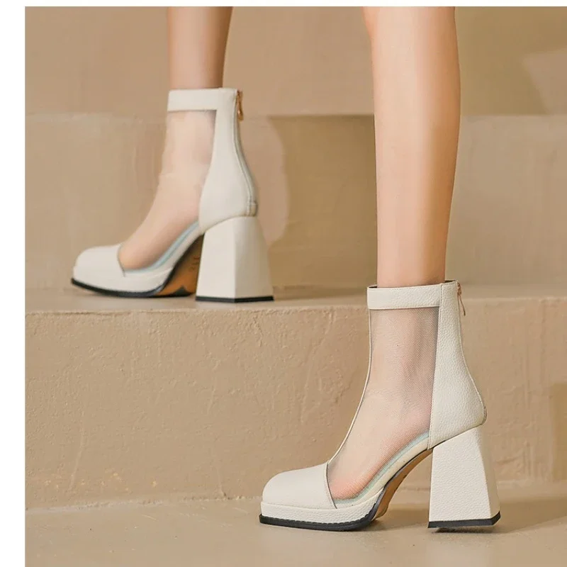 New Spring Summer Ankle Boots Breathable Mesh Women's Boots Fashion Chunky High Heels Versatile Femme Platform Botines Mujer