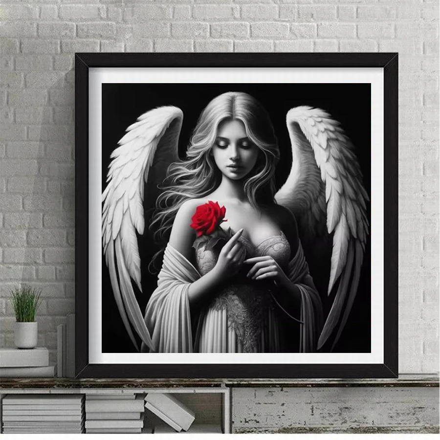 Fullcang Diy Diamond Painting New Collection 2024 Black White Angel Girl Full Rhinestone Art Red Rose Mosaic Embroidery Picture