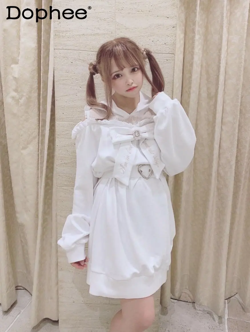 

Rojita Sweet Pink Sweatshirt 2023 Spring Autumn New Hooded Lace Patchwork Off-Shoulder Long Sleeve Embroidered Bow Hoodies Dress