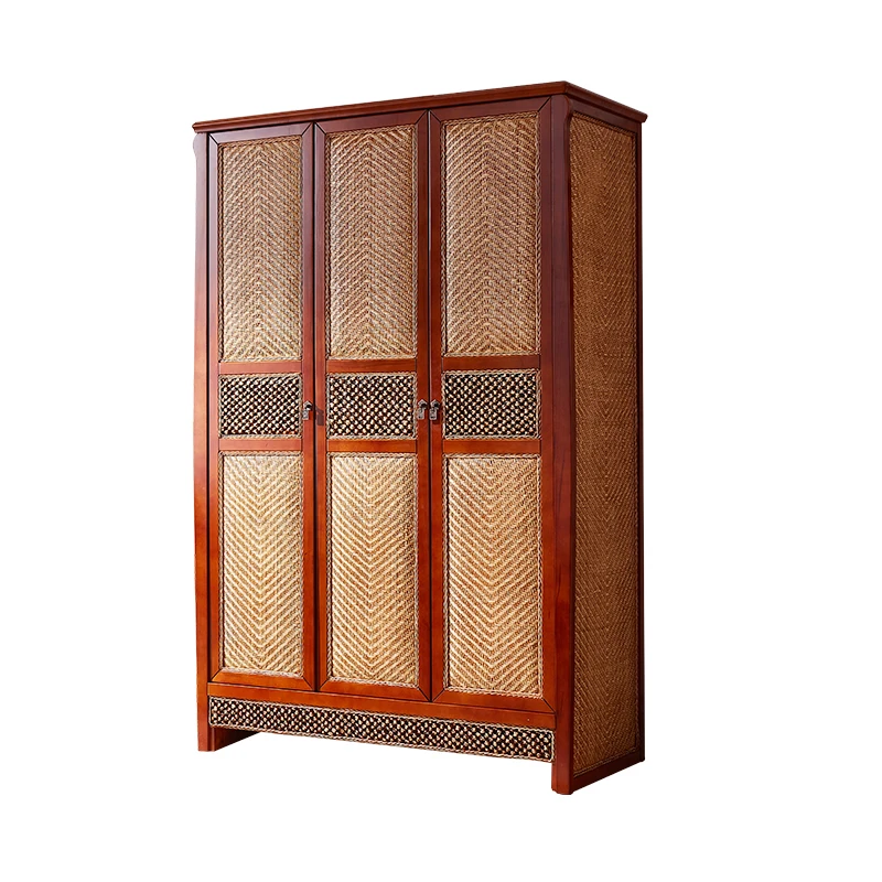 

1 Solid wood wardrobe bedroom new Chinese rattan wardrobe double door flat pull large apartment large capacity wardrobe