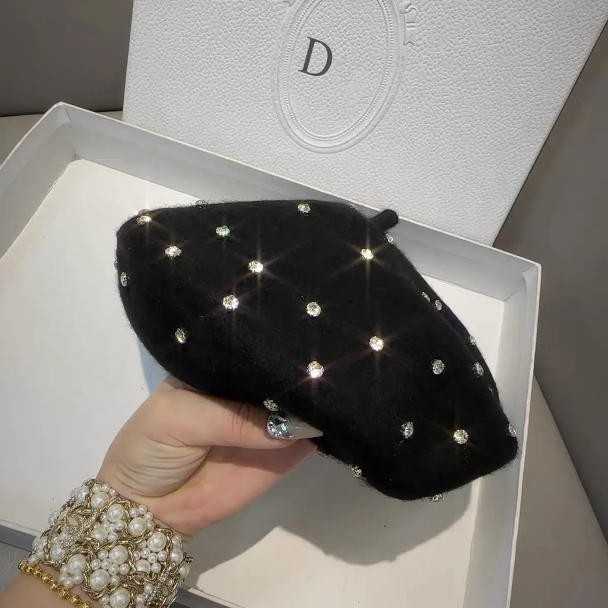 Boina de lã de strass feminina, macia, quente, chapéus pretos, moda feminina, gorro para mulher, luxo, inverno