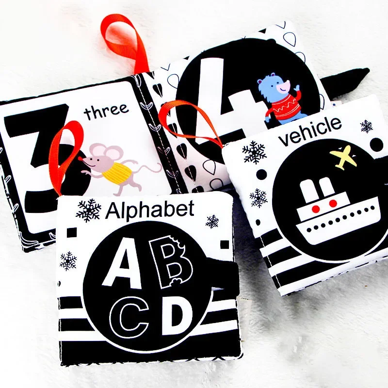 

Montessori Kids Education Interactive Polyester Black White Cloth Books Soft Alphabet Vehicle Number Newborn Baby Washable Toys