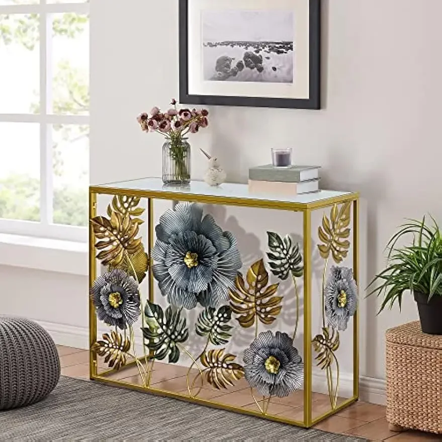 Console Table, Vintage Art Sofa Table with Metal Flower Decor, Slim Entryway Tables with Glass Mirror Desktop Behind Sofa, Narro